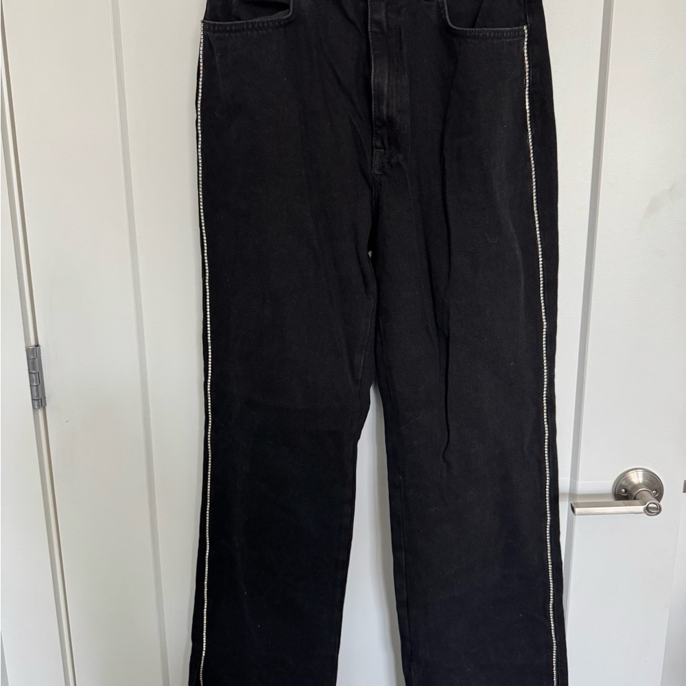 Black wide leg jeans with rhinestone trim